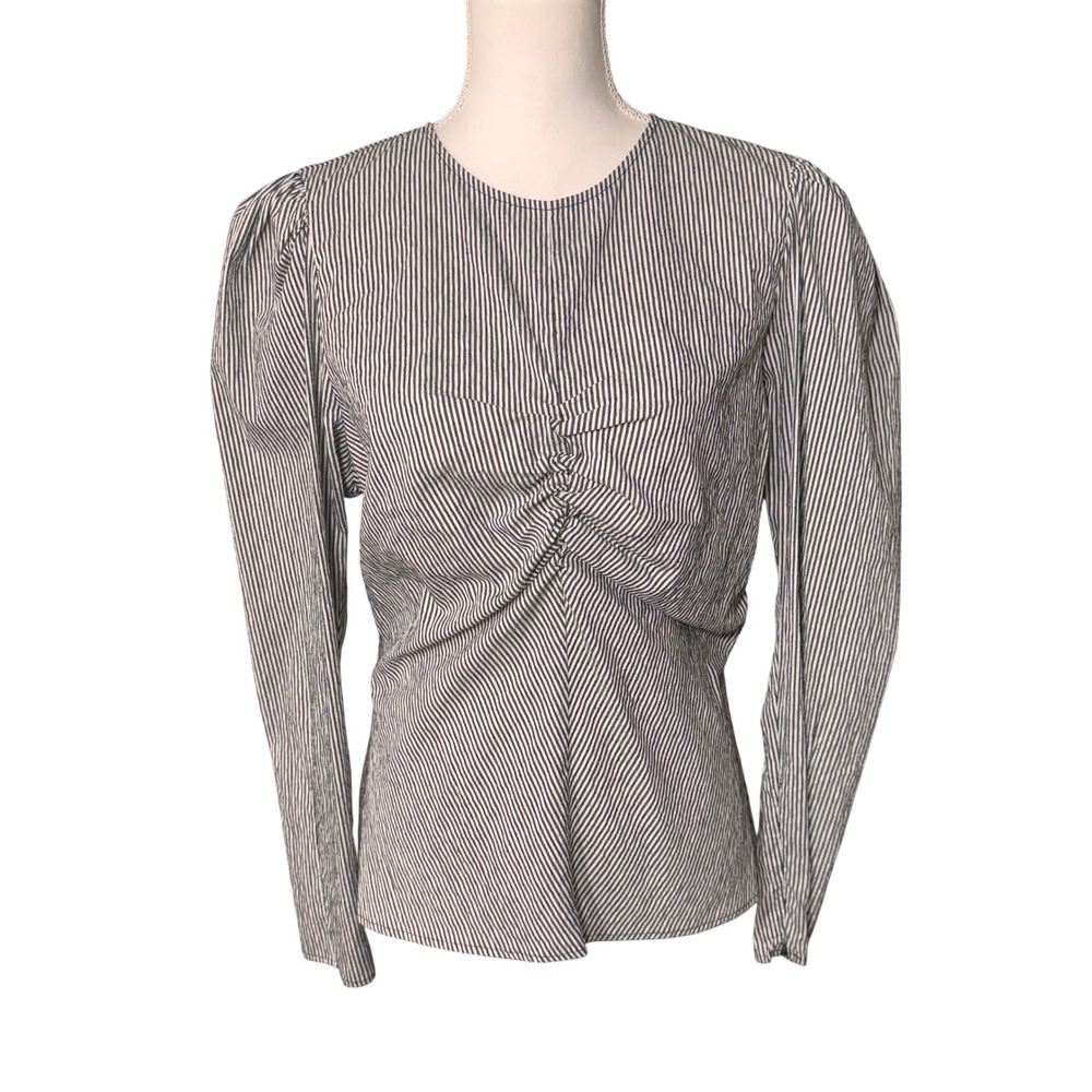 Zara Striped Ruched Puff Sleeve Blouse Black White Large Steampunk Victorian NWT
